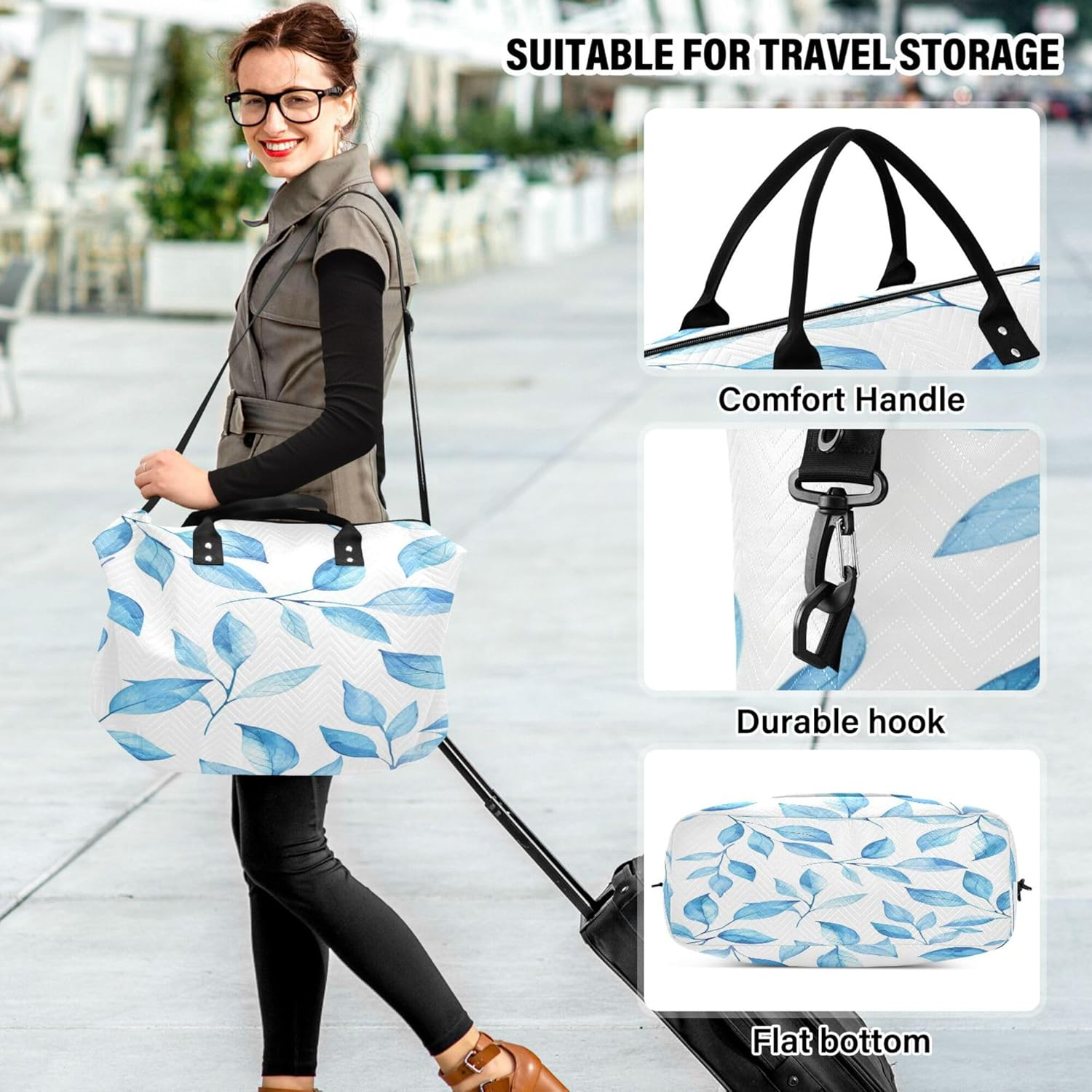 Overnight Travel Duffel Bag Travel Tote Gym Bag Carry on Tote Bag with Toiletry Bag for Gym Waterproof Watercolor Light Blue Leaves, Multi, 1 Size, Modern/Fitted, Multi, 1 Size, Modern/Fitted image number 2