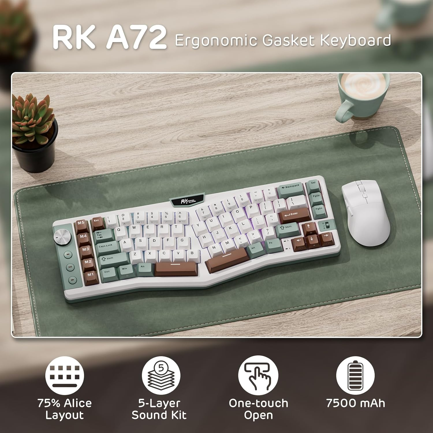 RK ROYAL KLUDGE A72 Alice Ergonomic Wireless Mechanical Keyboard W/Knob/Macro Keys/Touchable Nameplate, Tri-Mode 68% 72-Key Gasket Keyboard BT/2.4G/USB-C, Hot Swap, Win/Mac Software, 7500Mah Battery