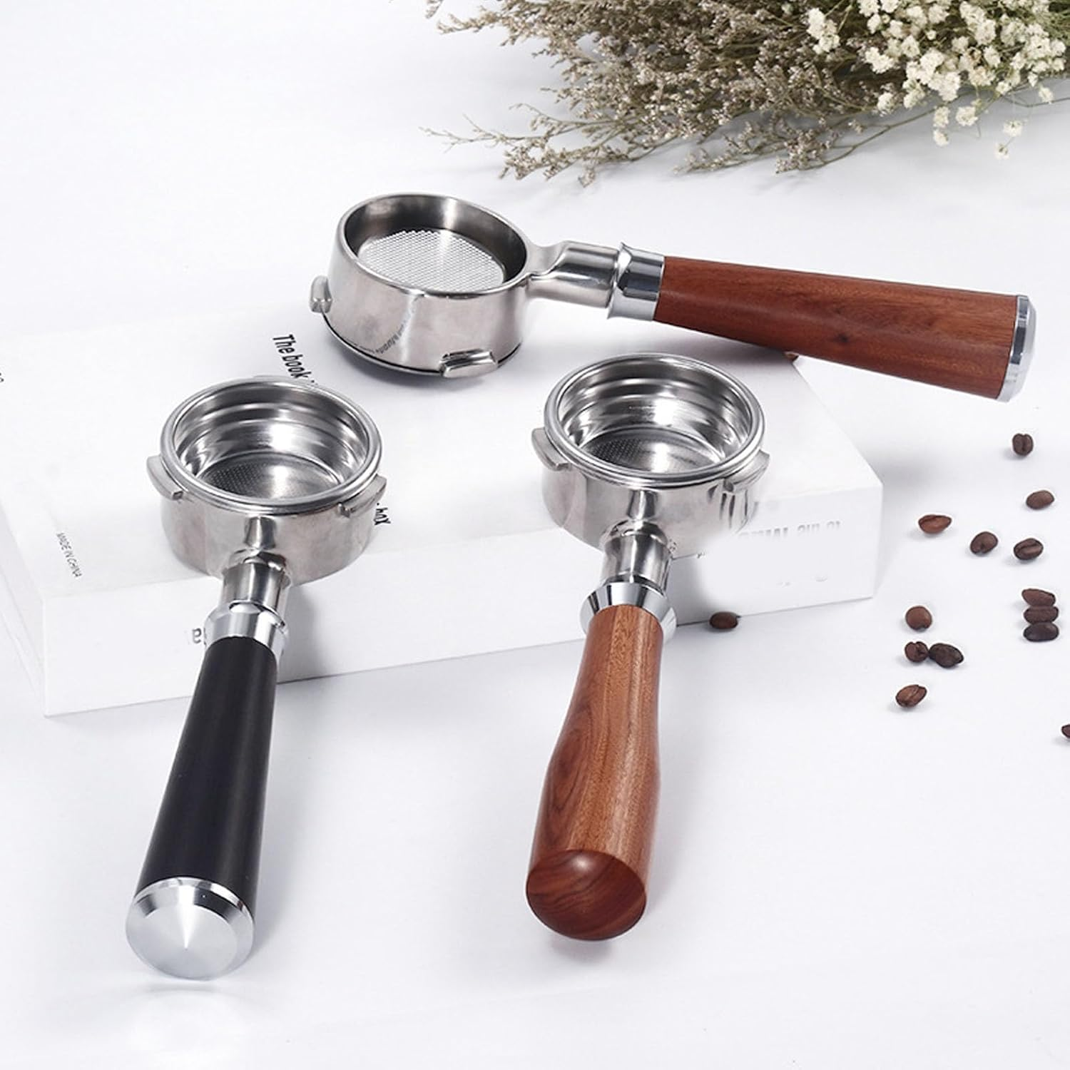 Coffee Bottomless Portafilter, Removable 58Mm Bottomless Portafilter, Anti-Oxidation, Easy To, 3 Ears Solid Wood Handle for Coffee Shop (E Circle Rosewood) image number 6