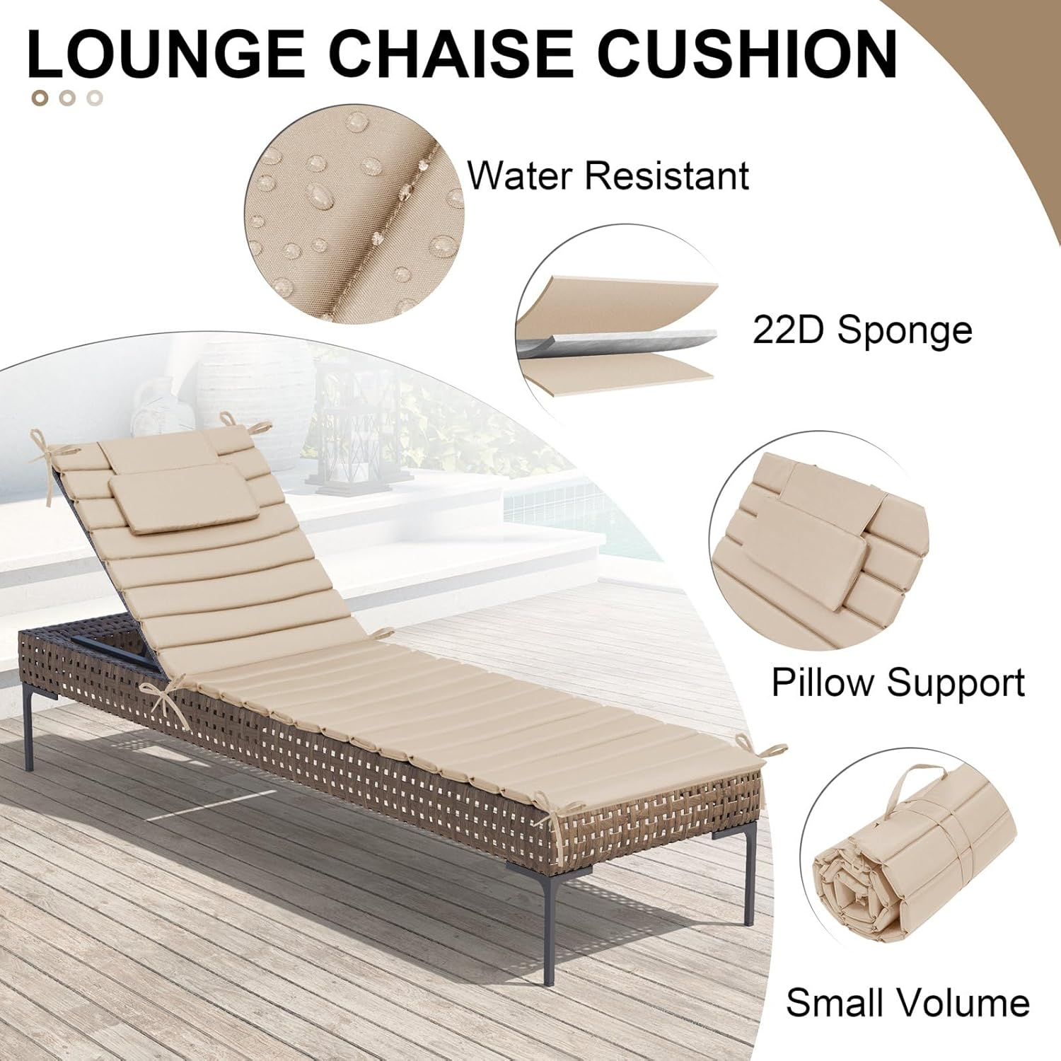 Crestlive Products Chaise Lounge Cushion Outdoor Set of 2, Waterproof Foldable Pool Lounge Chair Cushions with Straps, Lounger Cushions for Outdoor Furniture, Patio, Lawn, 80''Lx26''W (Beige) image number 7