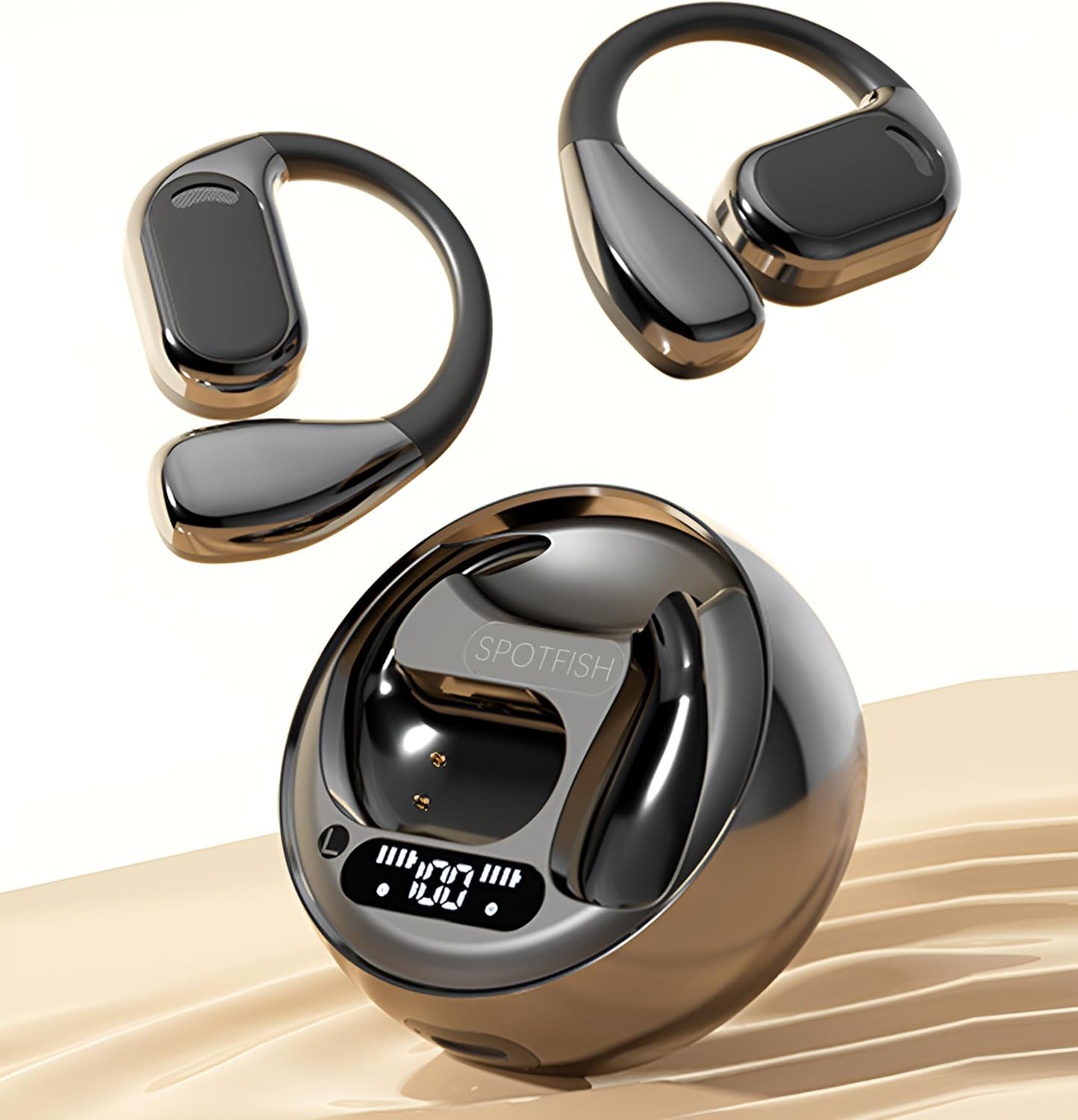 SPOTFISH Open Ear Headphones, True Wireless Earbuds Bluetooth 5.4,Hanging Ear Sports Earphones,Enc Noise Cancelling Clear Calls，Easy Touch Control，Advanced Aesthetics Charging Case-M76 (Beige)