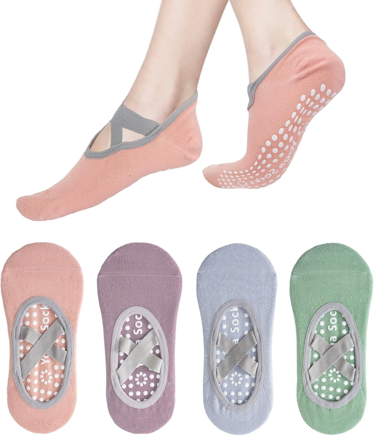 Fiohiros 4 Pairs Pilates Socks with Grips for Women,Yoga Socks with Multiple Colors Non Slip Socks for Yoga, Pilates, Ballet, Daily Wear