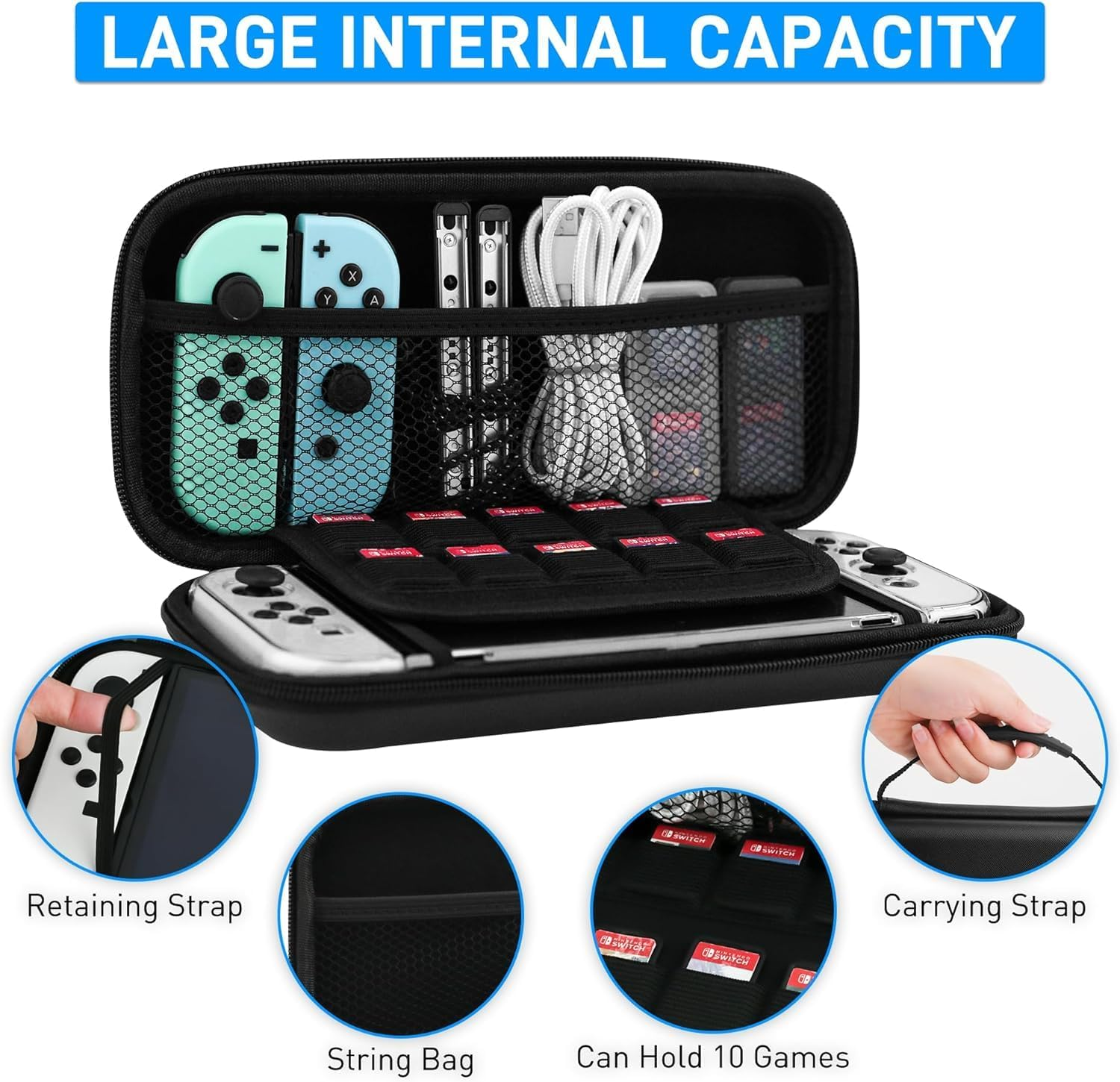 Carry Case Compatible with Nintendo Switch and New Switch OLED Console, Protective Hard Portable Travel Bag Cover Shell Pouch Mesh Pockets for Accessories and Games with 8 Game Cards Holders Black image number 5