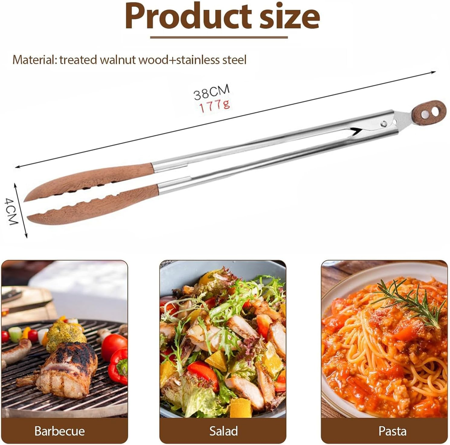 BEANPRECOY 2 Pack 15 Inch Walnut Wooden Kitchen Tongs for Cooking, BBQ & Salad Natural Wooden Tips for Toaster, Bread, Pickles Durable & Heat-Resistant Utensils image number 3