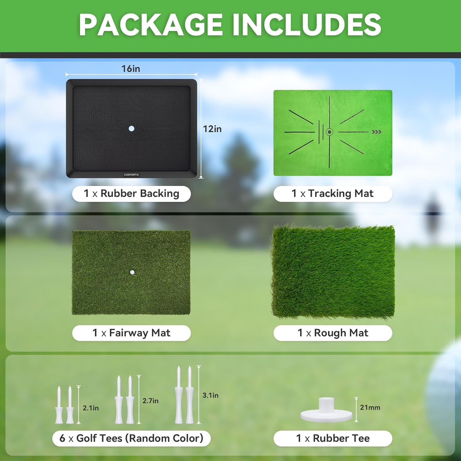 'COSPORTIC Golf Hitting Mat | Golf Training Mat for Swing Path Feedback/Detection Batting | Extra Replaceable Golf Practice Mat 16''X12'' | Advanced Guides and Rubber Backing for Home/Indoor/Outdoor' image number 1