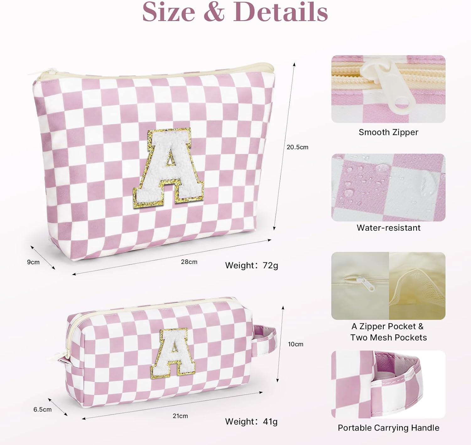 LIAN Initial Makeup Bag Set Checkered Makeup Bag Personalized Cosmetic Bags Makeup Travel Bag 10 11 12 13 14 16 18 Years Old Birthday Gifts for Women Teen Girl Gifts Trendy Stuff(Pink-C) image number 5