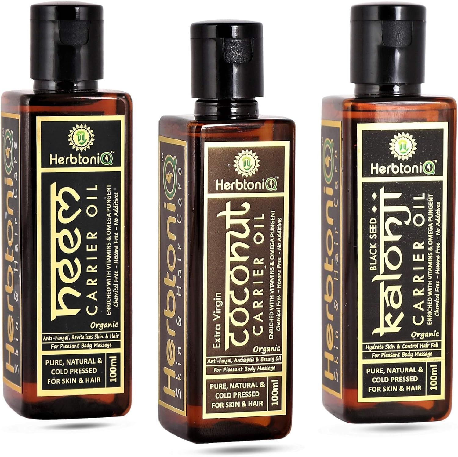 Herbtoniq Organic Neem, Extra Virgin Coconut and Kalonji Black Seed Cold Pressed Carrier Oil for Face-Skin Care & Hair Care (300Ml) (3 X 100Ml)