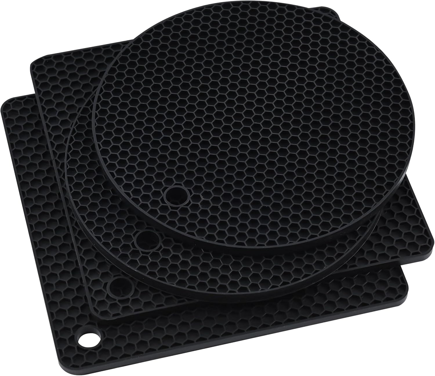 Black Silicone Trivets for Pots and Pans, Silicone Hot Pads Mats, Heat Resistant Trivet Mat Pot Holder, Counter Top Protector and Teapot Coaster Set of 4 (2 Round+2 Square Mats)