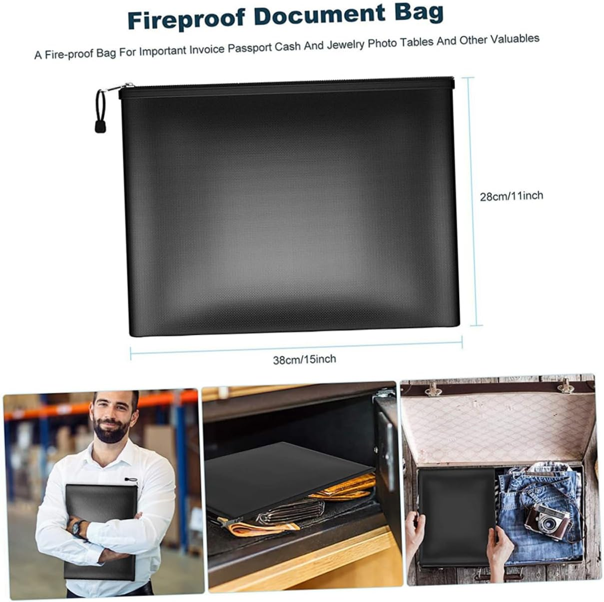 TOGEVAL Fireproof Waterproof Document Organizer Money Bag 29X20.5Cm Black Zippered Important Document Holder for Office and Home Safe Storage image number 1