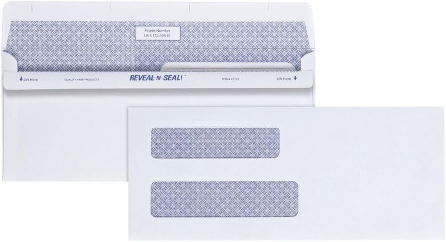 Quality Park #8 5/8 Double-Window Security Envelopes, Self-Sealing, Tamper Evident, for Checks, Payroll, 24 Lb White Wove, 3-5/8 X 8-5/8 Inches, 500/Box (QUA67539)