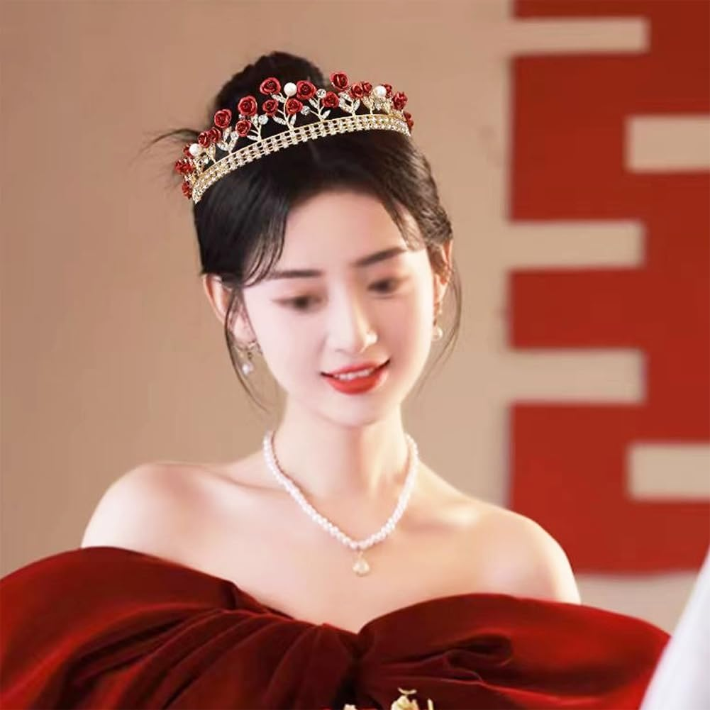 Glitter Red Rose Rhinestone Pearl Tiara Bride Princess Floral Crown Headband Headpiece Hair Jewelry for Wedding Party Birthday image number 2