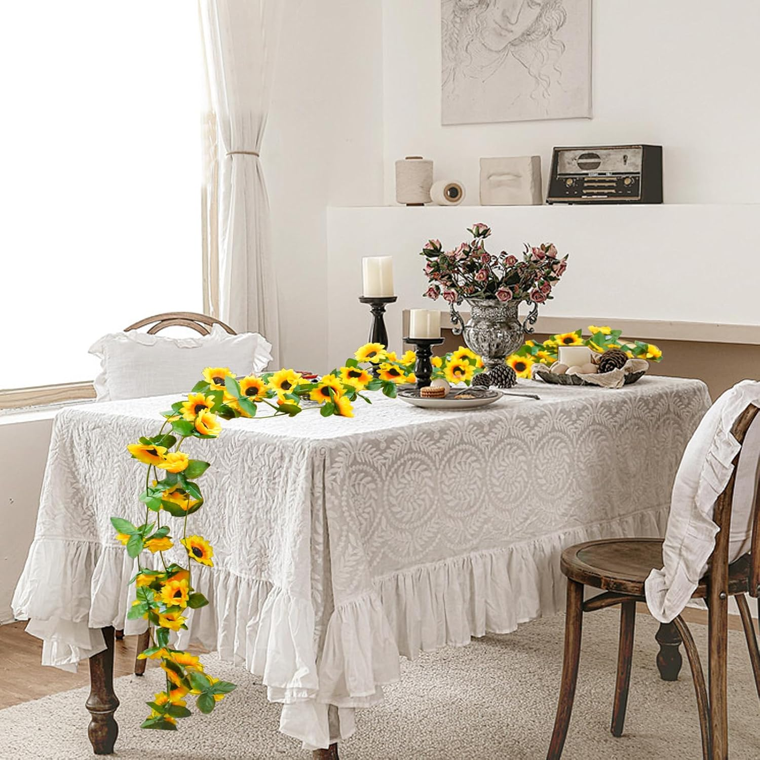 Bacucine 6Pcs Artificial Sunflower Garland 7.5Ft Silk Sunflower Hanging Vine Artificial Flowers with Green Leaves for Home Wedding Party Garden Table Decor image number 1