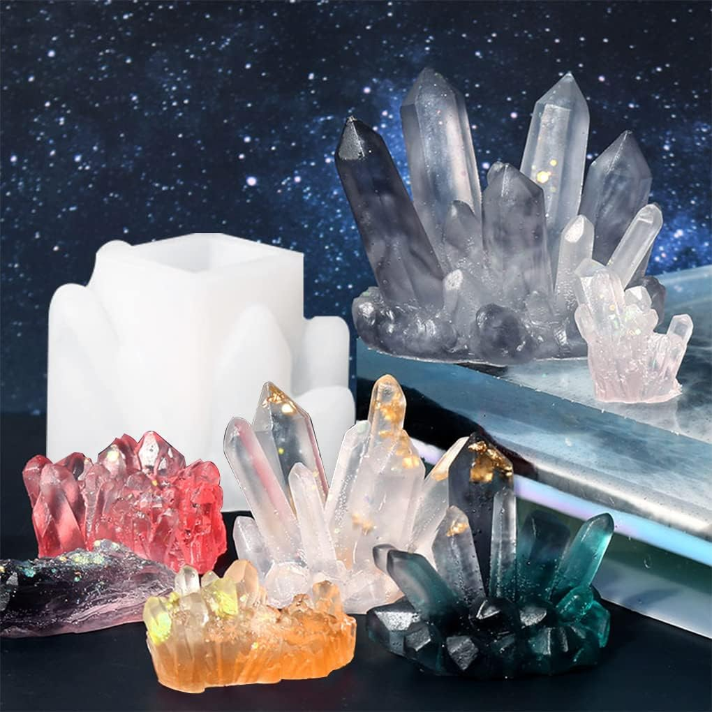 Fineinno 11 PCS Crystal Cluster Molds Set Quartz Rock Silicone Resin Mould Crystal Column Icicle Iceberg Epoxy Resin Molds with Different Shapes for Making Epoxy Druzy Stone, Rocks, Gems - Transparent,White image number 7