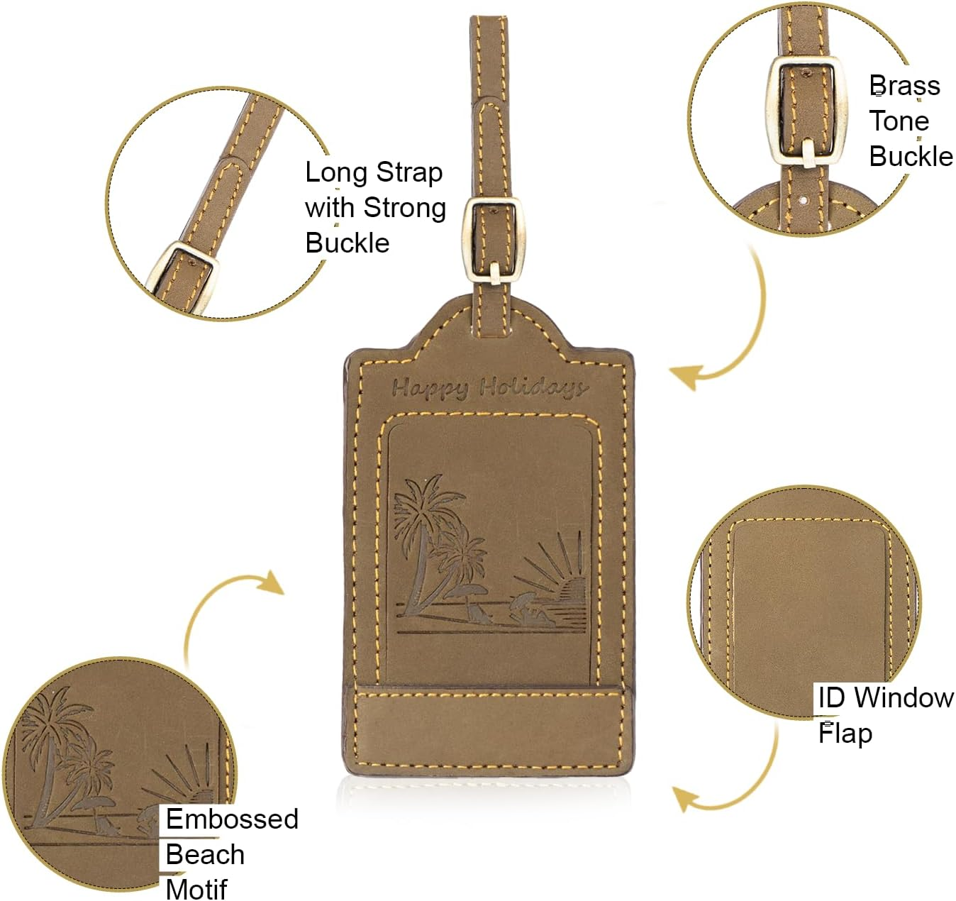 Sovereign-Gear - Two Brown Leather Luggage Tags - Beach Embossed - Genuine Leather Luggage Tag for Suitcases, Stylish & Durable Travel Accessory image number 3