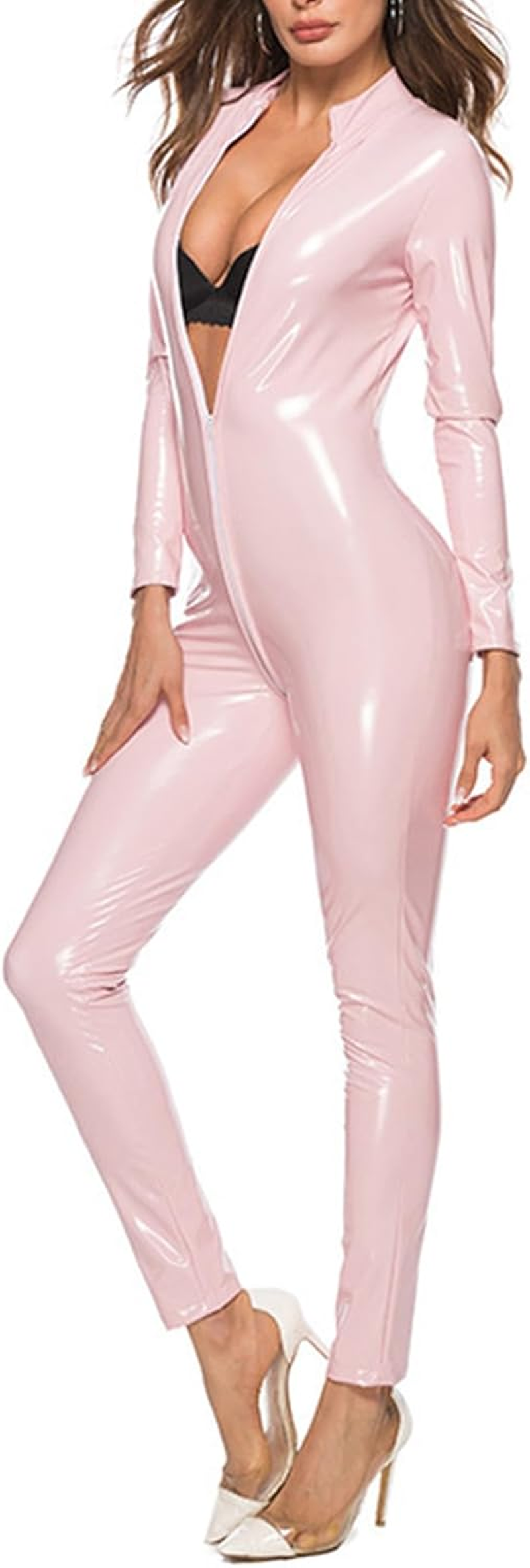 Women'S Bodysuits Jumpsuits Sexy Shiny PVC Leather Catsuit Sexy Full Body Latex Tight Catsuits Wet Look Leather Zipper Shaperwear Nightclub