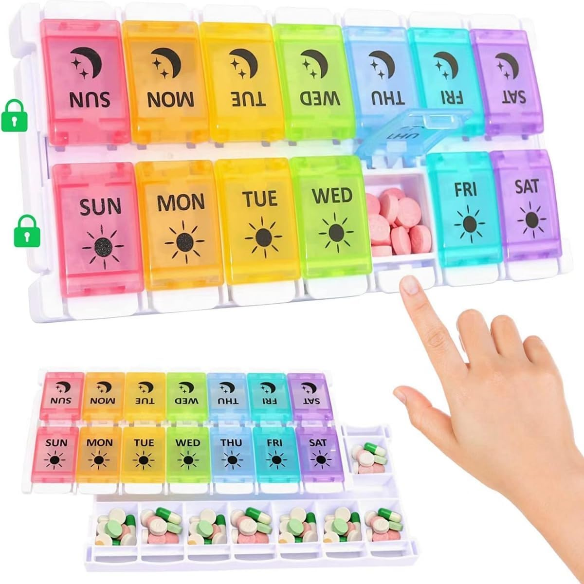 Weekly Pill Organiser, 2 Times a Day Easy to Fill 7 Days Pill Box, Pill Box with Simple Button Design for Pills/Vitamins/Fish Oil/Supplements,Coloured&hellip;