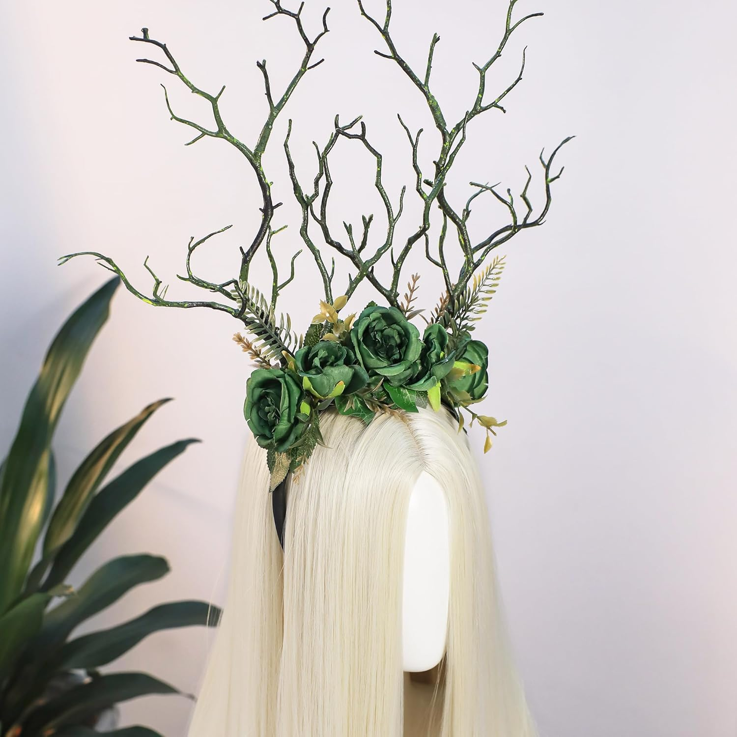 MOSTORY Fairy Forest Branch Headband Floral Forest Headband with Brown Antler Headwear for Renaissance Accessories Women Witch Outfit Renfaire Halloween Cosplay Fantasy Photo Shoot image number 4