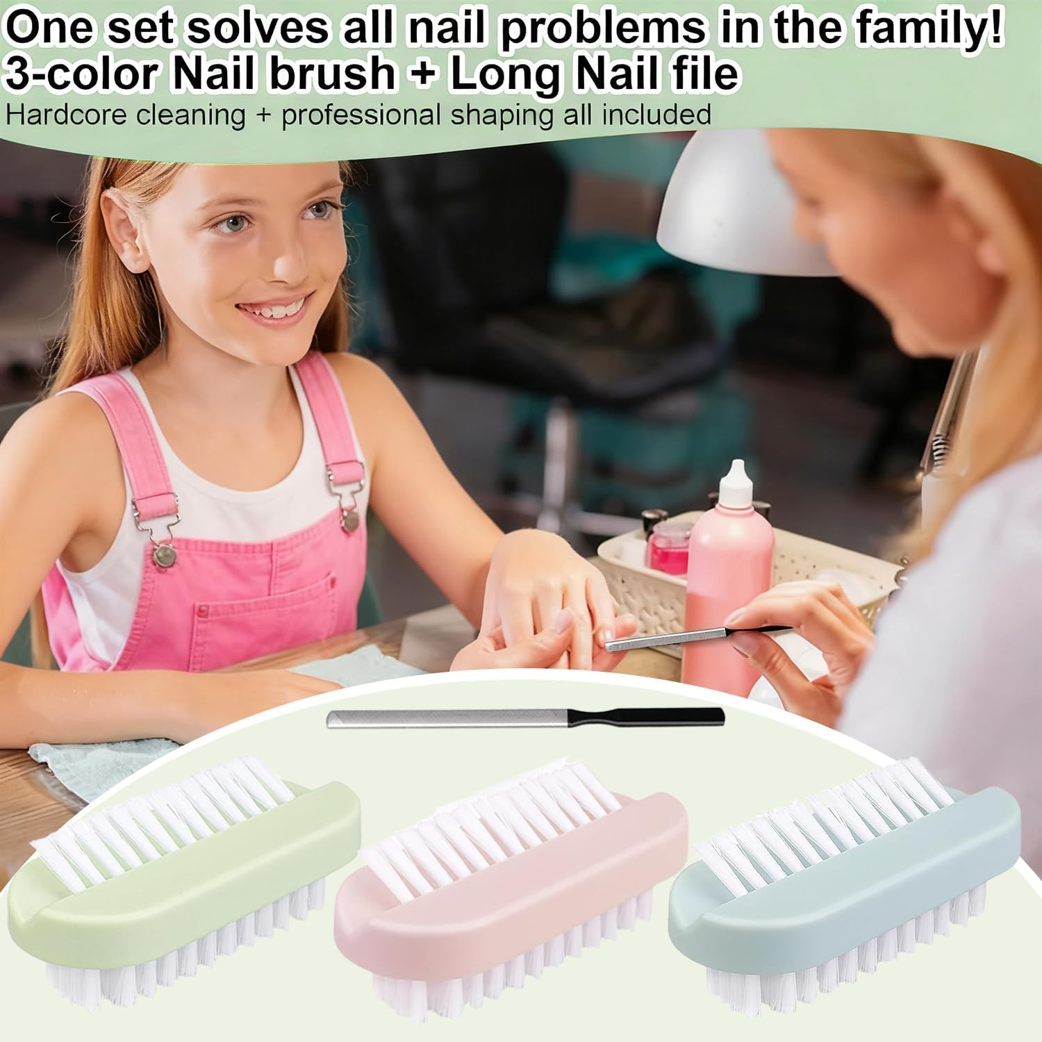 Nail Brush for Cleaning Fingernails Set - 3Pcs Two Sided Nail Scrubber Brushes and 1Pcs Stainless Steel Long Toe Nail File for Thick Nails, Efficient Nail Care Tool image number 3