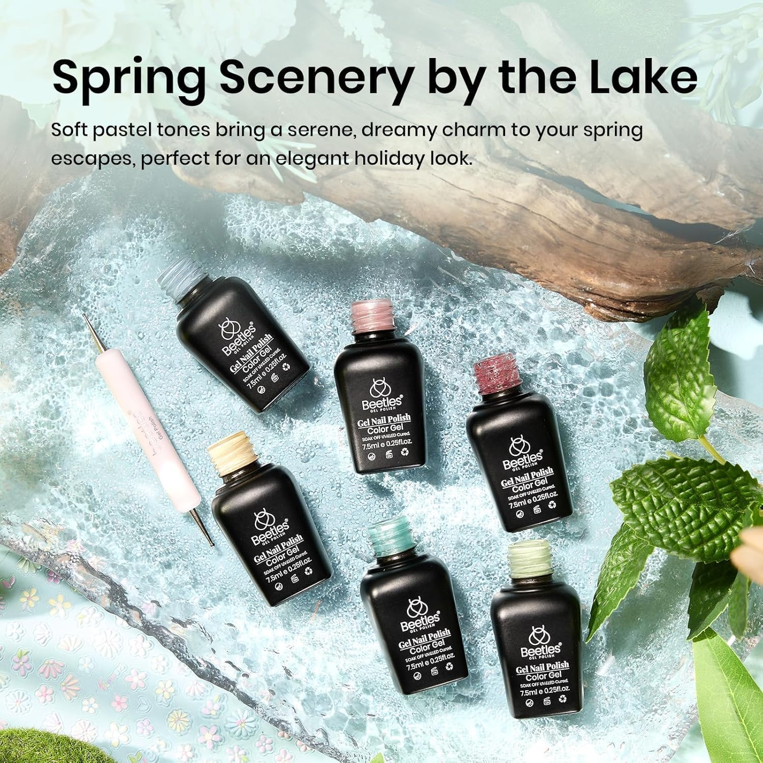 Beetles Pastel Gel Nail Polish Set &ndash; 6 Colours in Summer Pink, Green & Yellow, Swirl, Shell & Thread Effects, UV LED Soak-Off Gel for DIY Manicures & Nail Art image number 2