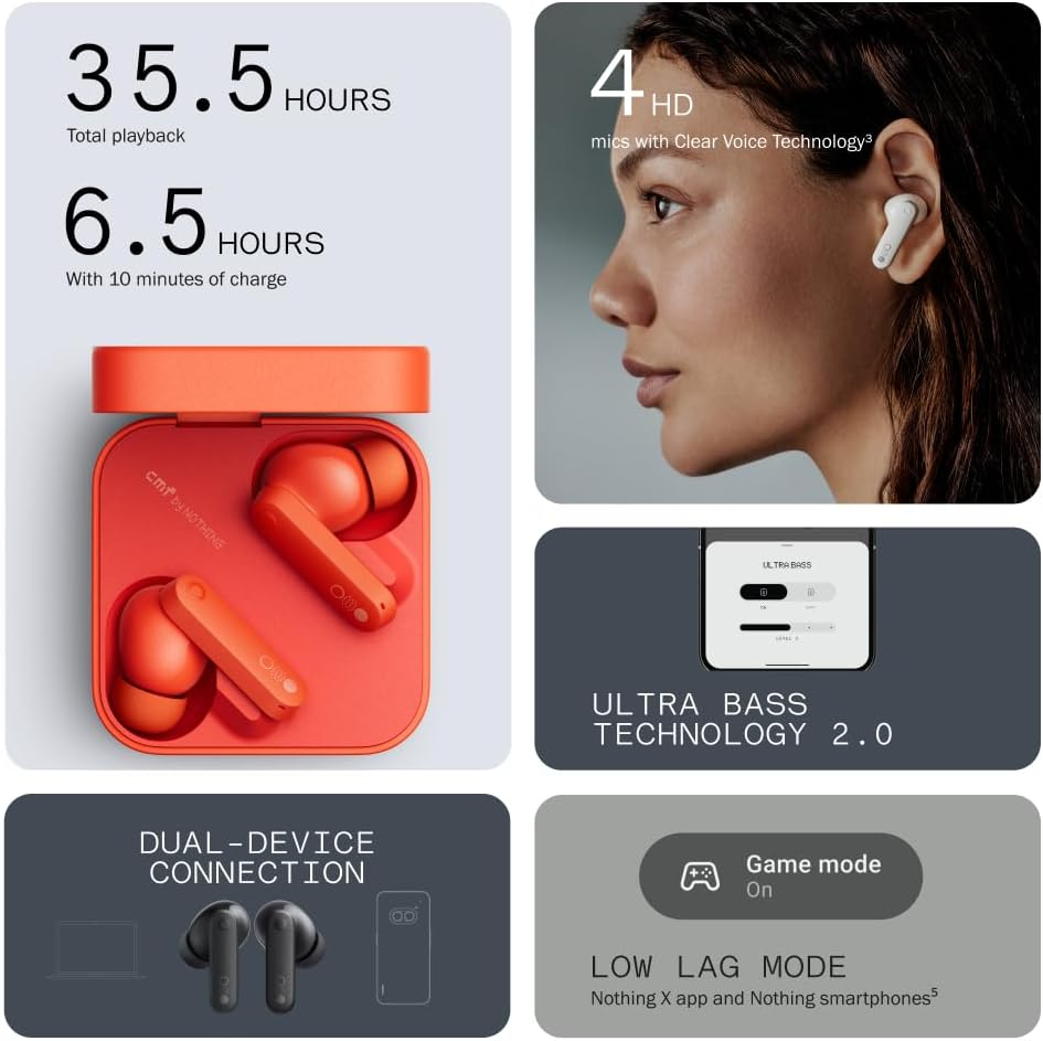 CMF by Nothing Buds Wireless Earbuds Light Grey, with 42Db ANC, Transparency Mode, Ultra Bass Technology 2.0, HD Audio by Dirac, IP54 Dust and Water Resistance and Dual Device Connection