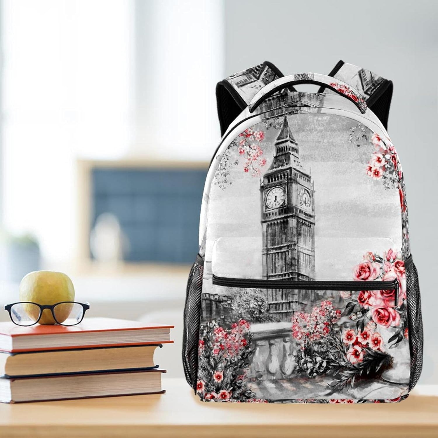 Summer in London Big Ben Flower Rose and Leaf Backpack Students Shoulder Bags Travel Bag College School Tote Backpacks image number 4