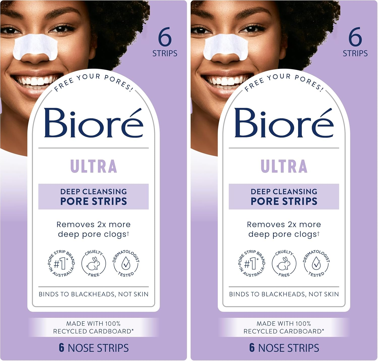 Biore Witch Hazel Ultra Cleansing Pore Strips Clears Pores up to 2X More than Original Pore Strips, Features C-Bond Technology, Oil-Free, Non-Comedogenic Use, 6 Count (Pack of 2) image number 1