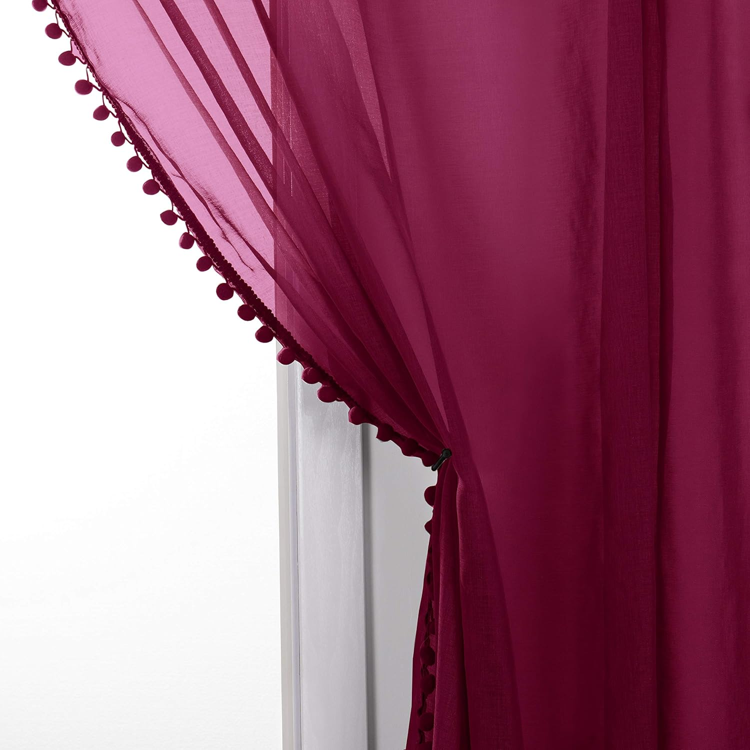 Elegant Comfort Semi-Sheer Pom Pom Tassels Curtains - 2 Panels Set - with 2Inch Rod Pocket - Solid Sheer Curtain Drapes for Living Room, Bedroom, W60 X L84, Burgundy image number 1