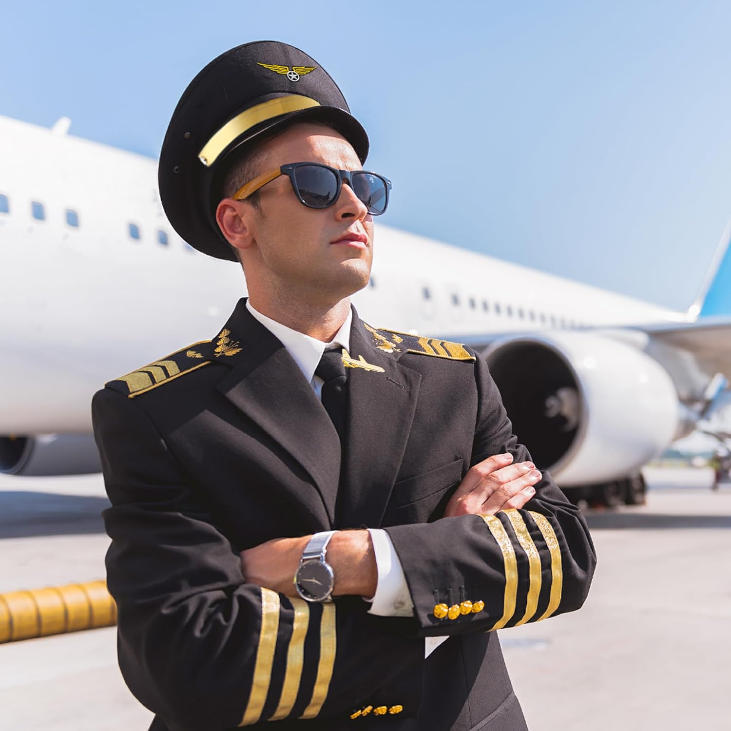 Jevenis Airplane Captain Costume Airline Pilot Hat Accessories for Adults Teens Captain Halloween Party Cosplay Supplies Sunglasses image number 3