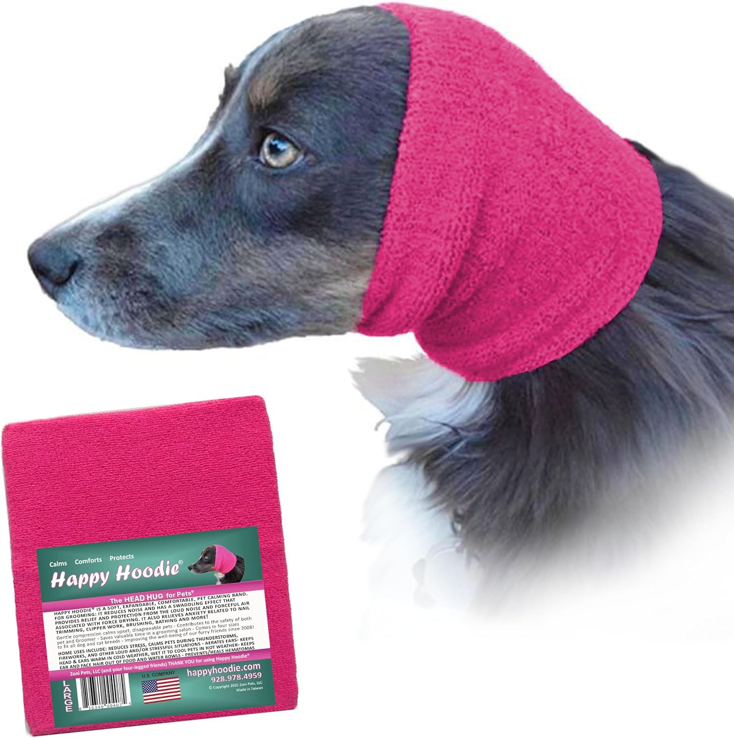 Happy Hoodie the Original Calming Band for Dogs & Cats - for Anxiety Relief &ndash; Noise Canceling for Fireworks, Thunderstorms, Pet Grooming & Force Drying - Dog Calming Aid since 2008 (Large, Pink)
