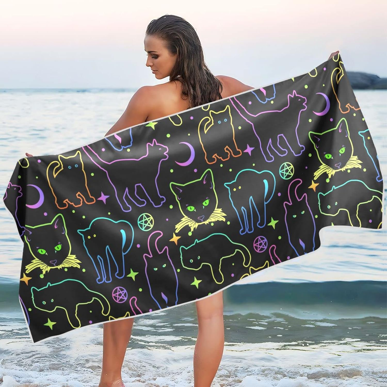 AIXIWAWA Neon Line Cats Travel Beach Towel Oversized for Women Men, Sand Free Super Absorbent Quick Dry Pool Towels Beach Blanket for Swimming Pool Beach Gym 30&times;60 Inches image number 4