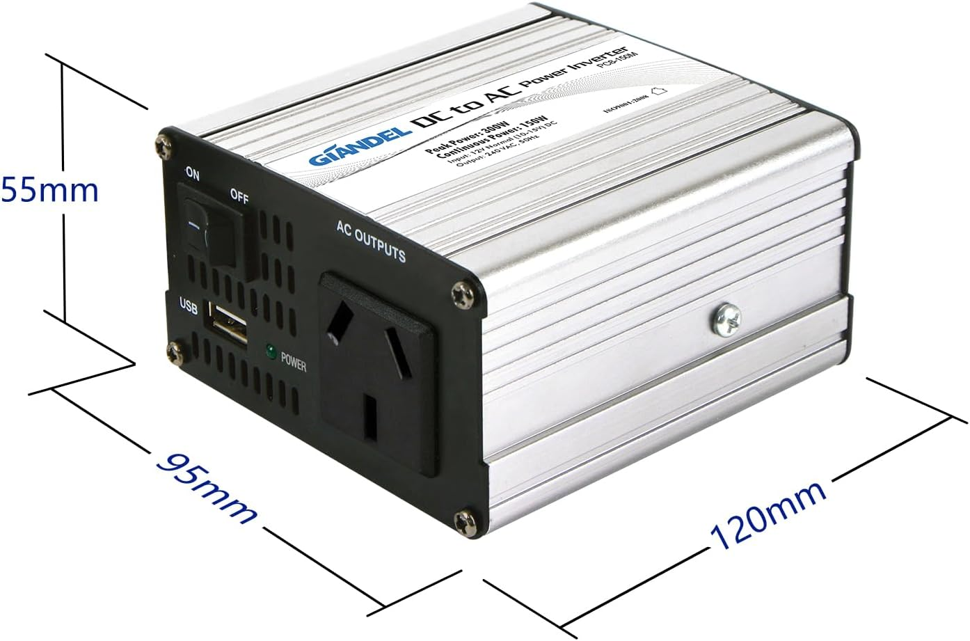 150W Power Inverter Modified Sine Wave DC 12V-AC 240V Converter Adapter with 1A USB Port Giandel image number 2