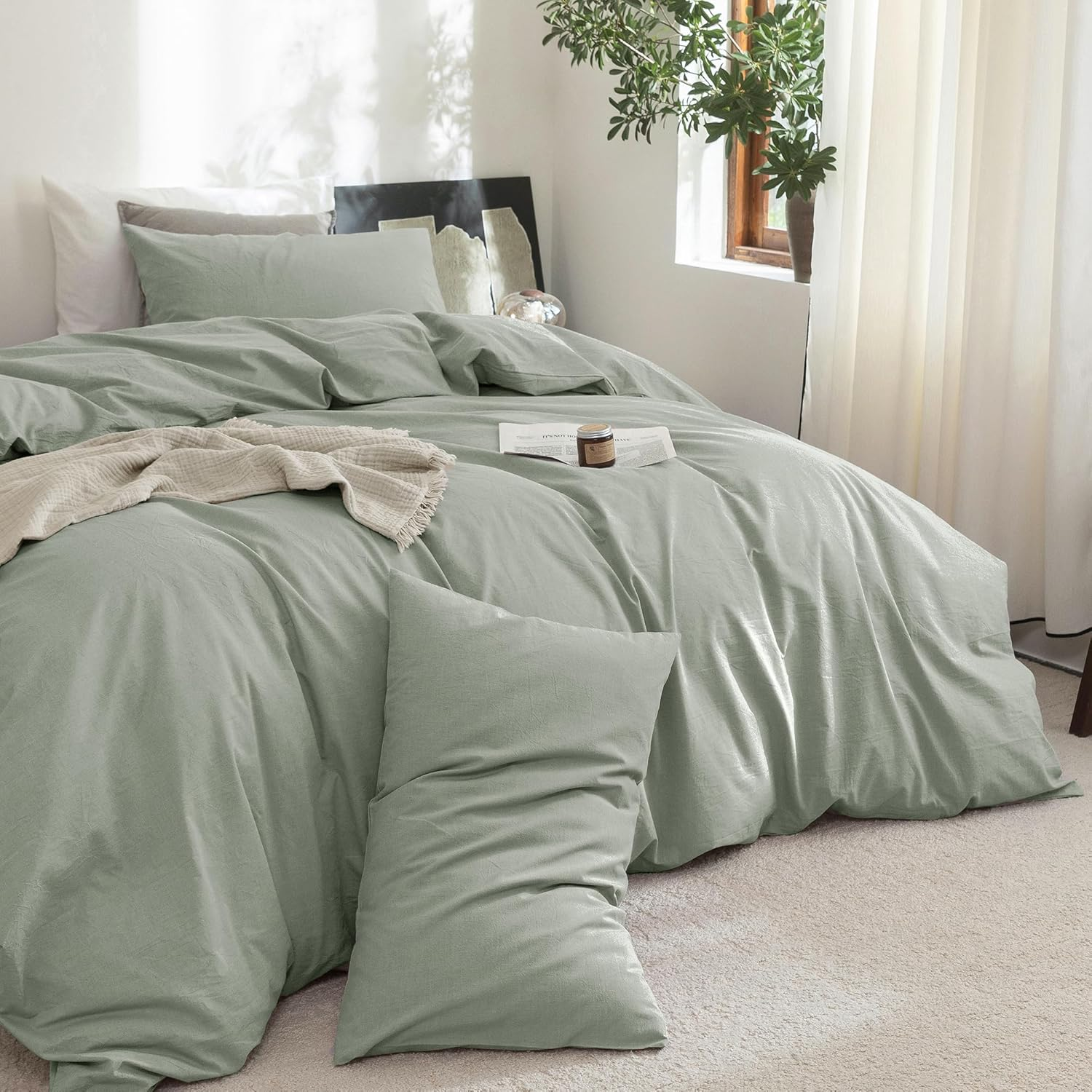 FOSSA Duvet Cover Set 100% Washed Cotton Linen Feel Super Soft Breathable Cozy 3 Pieces Bedding Sets Solid Sage Green Queen image number 3