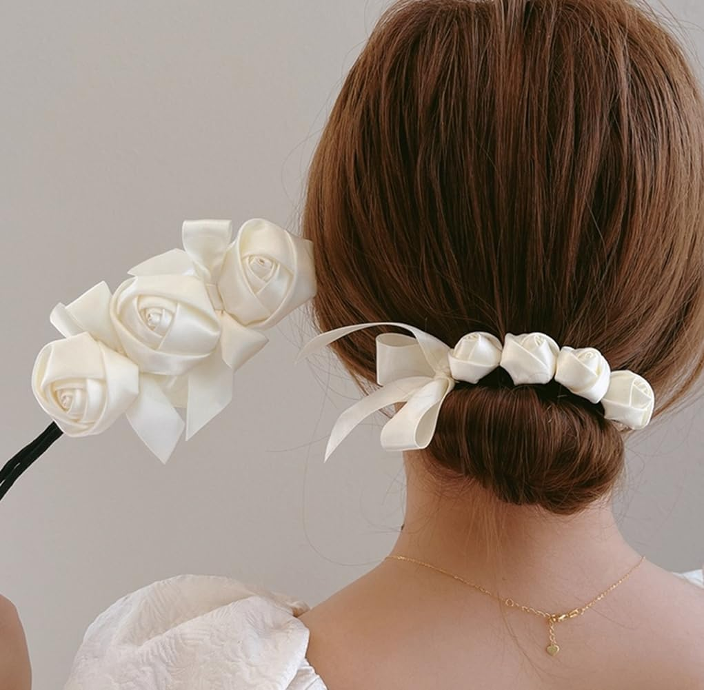 White Rose Hair Bun Makers Lazy Curler Clips Doughnut Hair Bun Maker Twist Bun Accessories Hair Styler Tool for Women Girls image number 2
