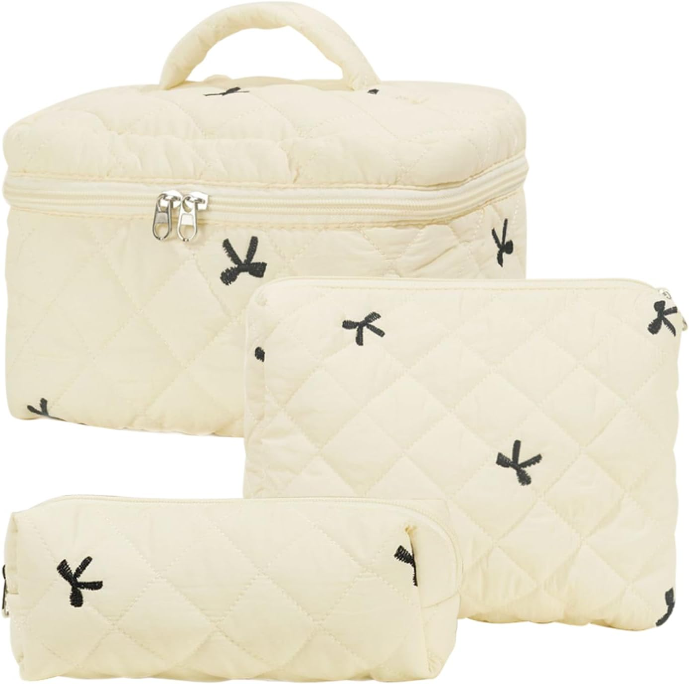 Everfunny 3 Pcs Cotton Quilted Makeup Bag Set, Floral Cotton Cosmetic Bag, Aesthetic Toiletry Travel Organizer Bag for Women, White Little Flower, Cosmetic Bag