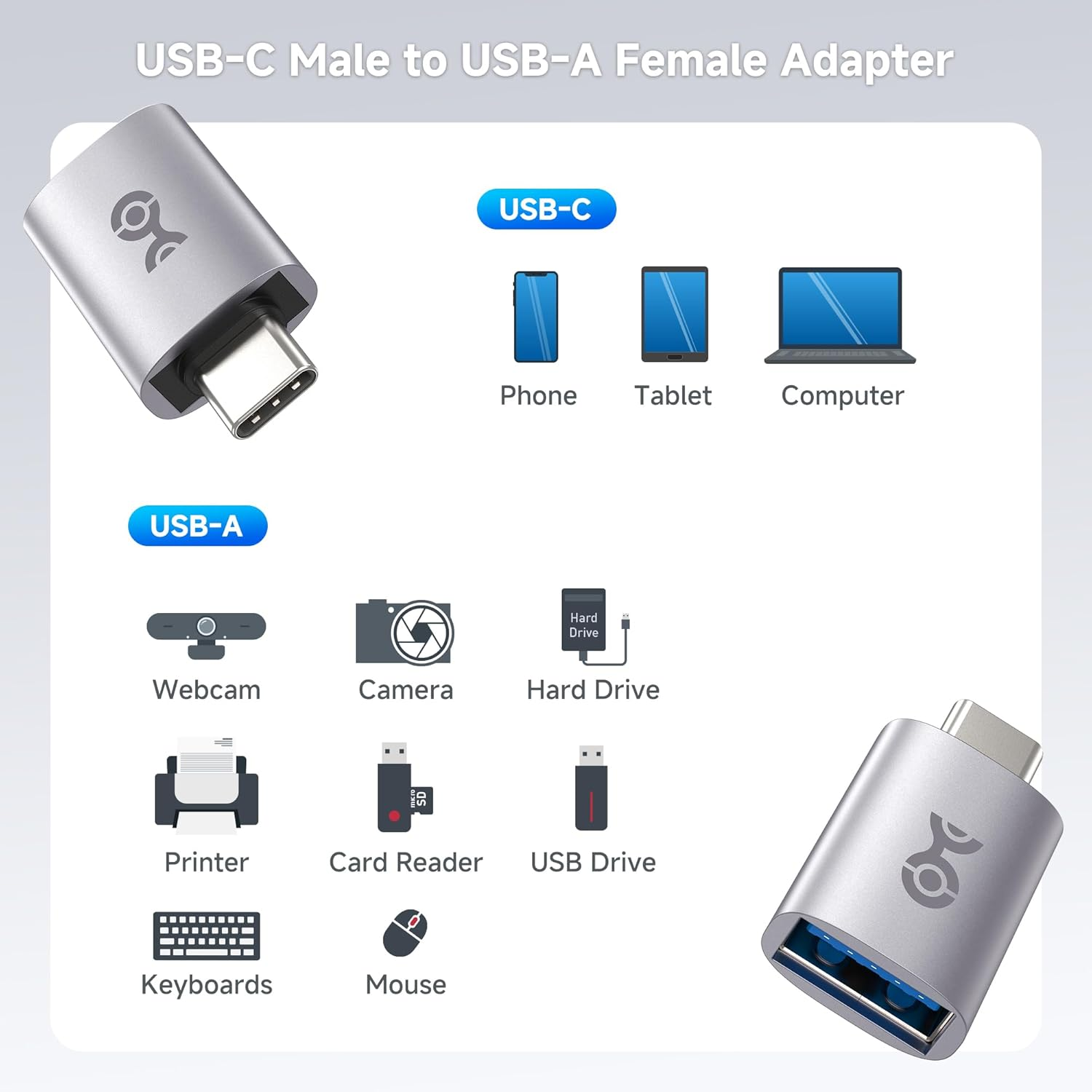 Cable Matters 2-Pack 10Gbps USB C to USB Adapter, USB-C Male to USB-A Female Adapter for High-Speed Data Transferring & Fast Charging, Reversible USB-C Port image number 1
