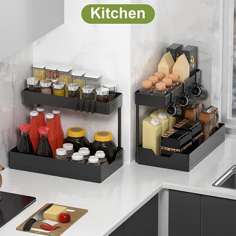 LTECARP under Sink Storage Kitchen Organiser, 2 Tier Sliding Kitchen Storage under Sink Shelf, Multi-Purpose Organisation for Kitchen Bathroom, Bottom Slide Out Basket Black image number 5