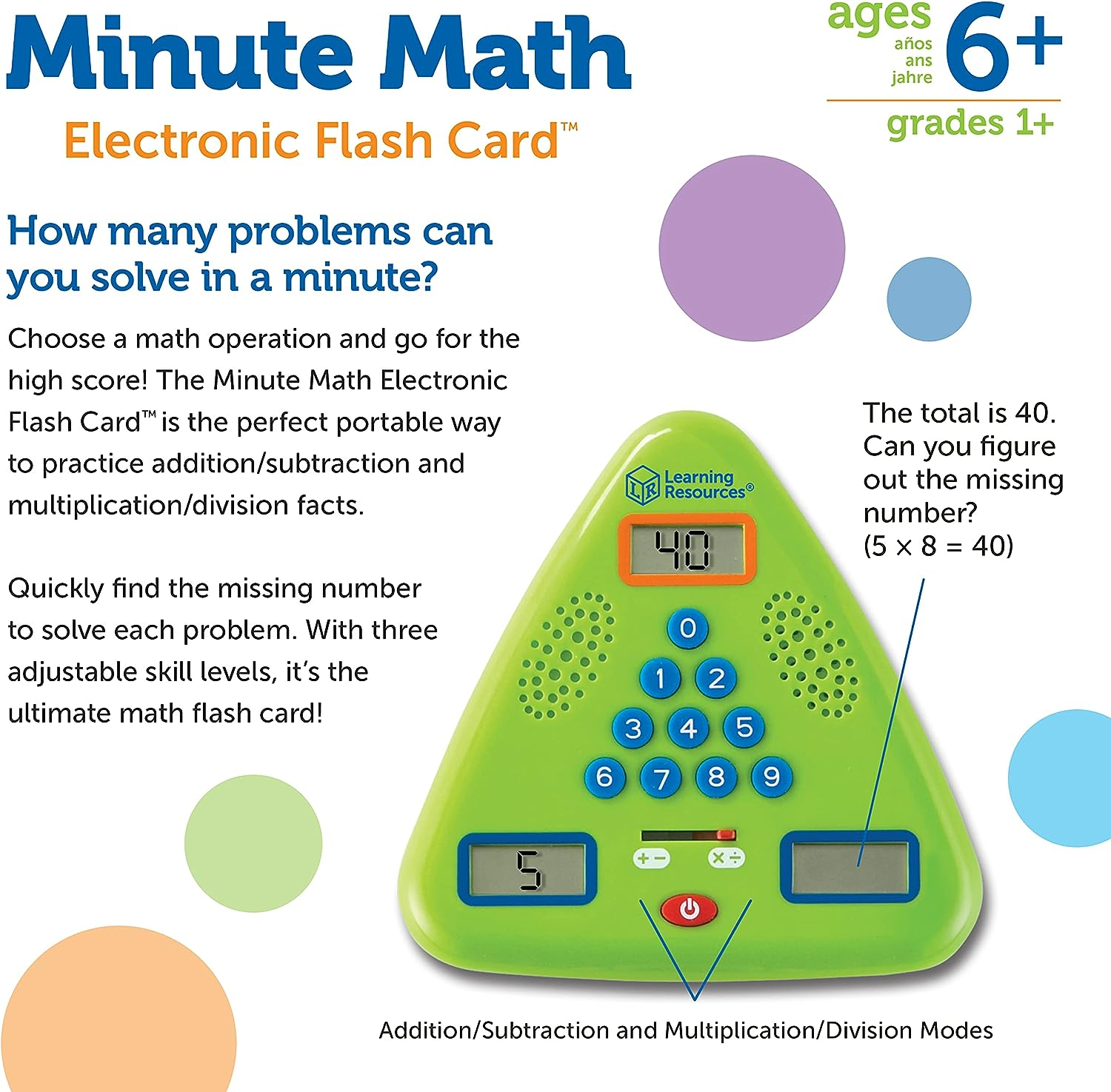 Learning Resources Minute Math Electronic Flash Card, Homeschool, Early Algebra Skills, 3 Difficulty Levels, Ages 6+ image number 6