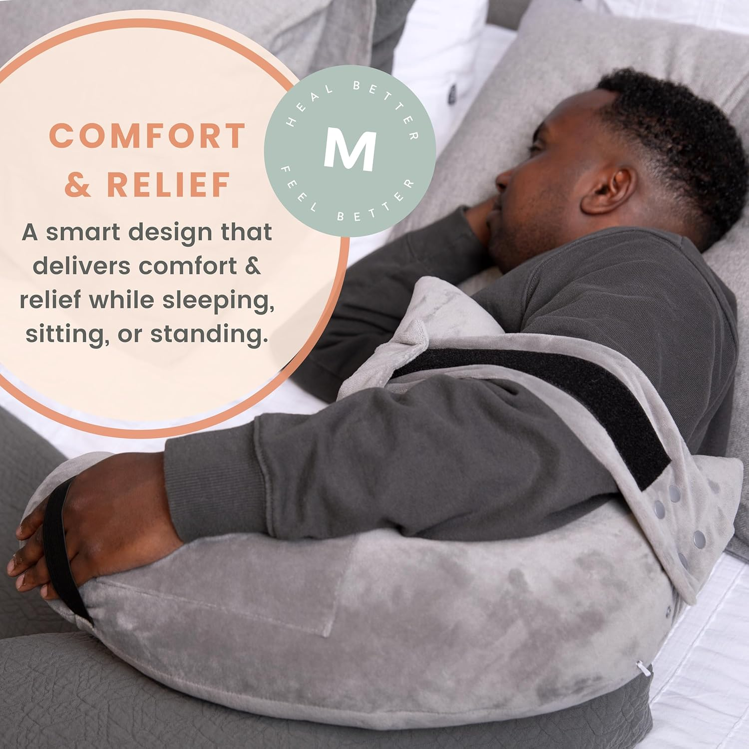 MOYOAMA Post Shoulder Surgery Pillow with Pocket- Rotator Cuff Pillows for Sleeping, after Surgery Must Haves, Rotator Cuff Sleeping Pillow- Moonlight Grey, with Arm & Shoulder Strap (L) image number 2