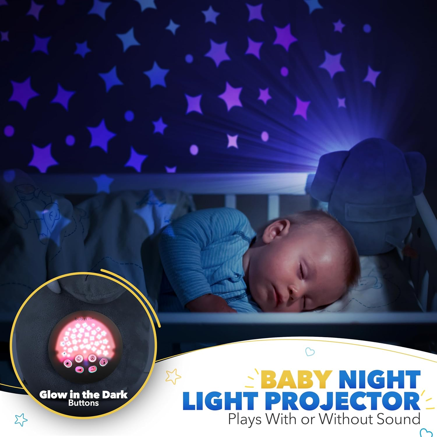 Bubzi Co Baby Sound Machine, Portable Elepahnt Soother & Baby Night Light Projector, Comforting Electronic Infant Toddler Sleep Aid & Baby Shush with White Noise image number 2