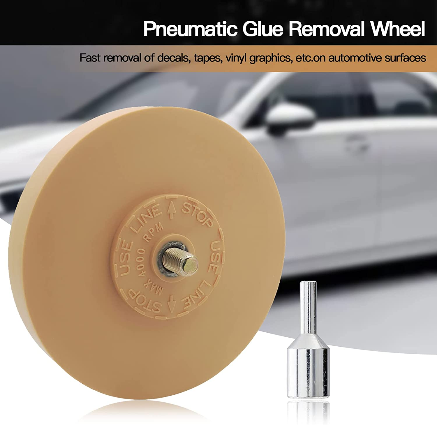 Tucana Rubber Eraser Wheel, Decal and Adhesive Remover Tool, Remove Pinstripes, Stripes, Stickers, Tape and Graphics on Car, Rvs, Boat and Trucks 4-Inches Diameter, 1 Inch Thick with Drill Adapter - Grooved 2 Pcs image number 3