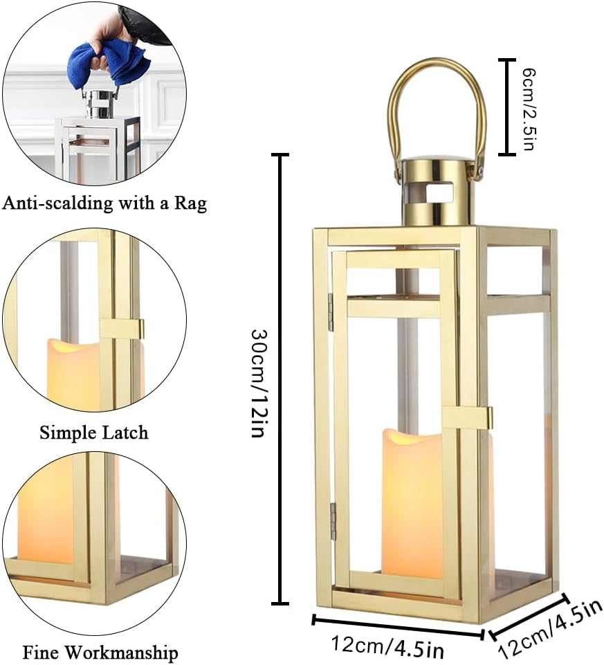 TRIROCKS Set of 2 Stainless Steel Decorative Lantern 12'' High Metal Candle Holder Outdoor Candle Lantern with Tempered Panels for Home Decor Living Room Parties Events Tabletop Indoor Outdoor (Gold) image number 3