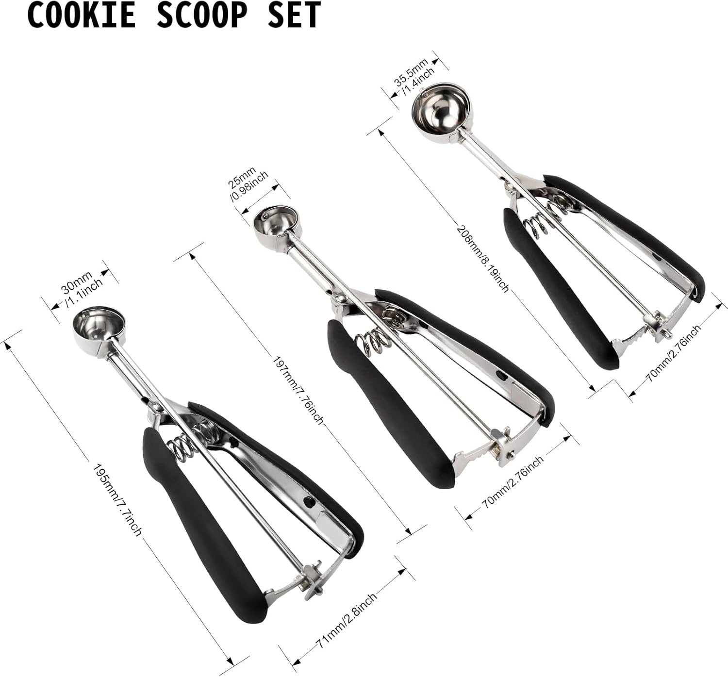 TJ POP Small Cookie Scoop Set - 3 Pcs Include 1 TSP / 2 TSP / 3 TSP Cookie Dough Scoops Ice Cream Scoopers, 304 Stainless Steel Cookies Scoops for Baking, Good Soft Grips, Quick Trigger Release - 30Mm (2 Teaspoons) image number 2