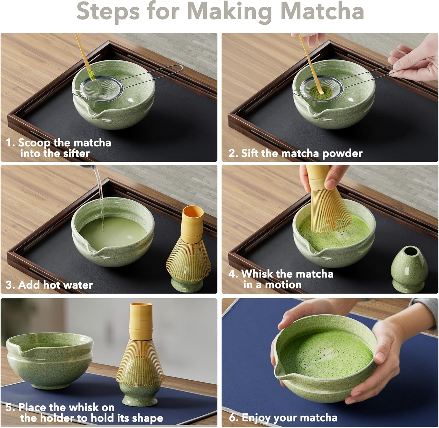 7 Pcs Matcha Whisk Set, Perfect Matcha Kit for Matcha Lovers Includes Ceramic Bowl, Bamboo Whisk, Holder, Scoop, Sifter & Cloth image number 6