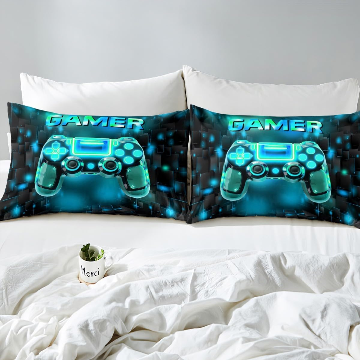 3 Pieces Watercolor Blue Game Duvet Cover Not Comforter,Neon Gamepad Kids Boys Gamer Bedroom Gift Bedding Set,Geometry Grids Square Modern Style All Season Bedding Queen Size