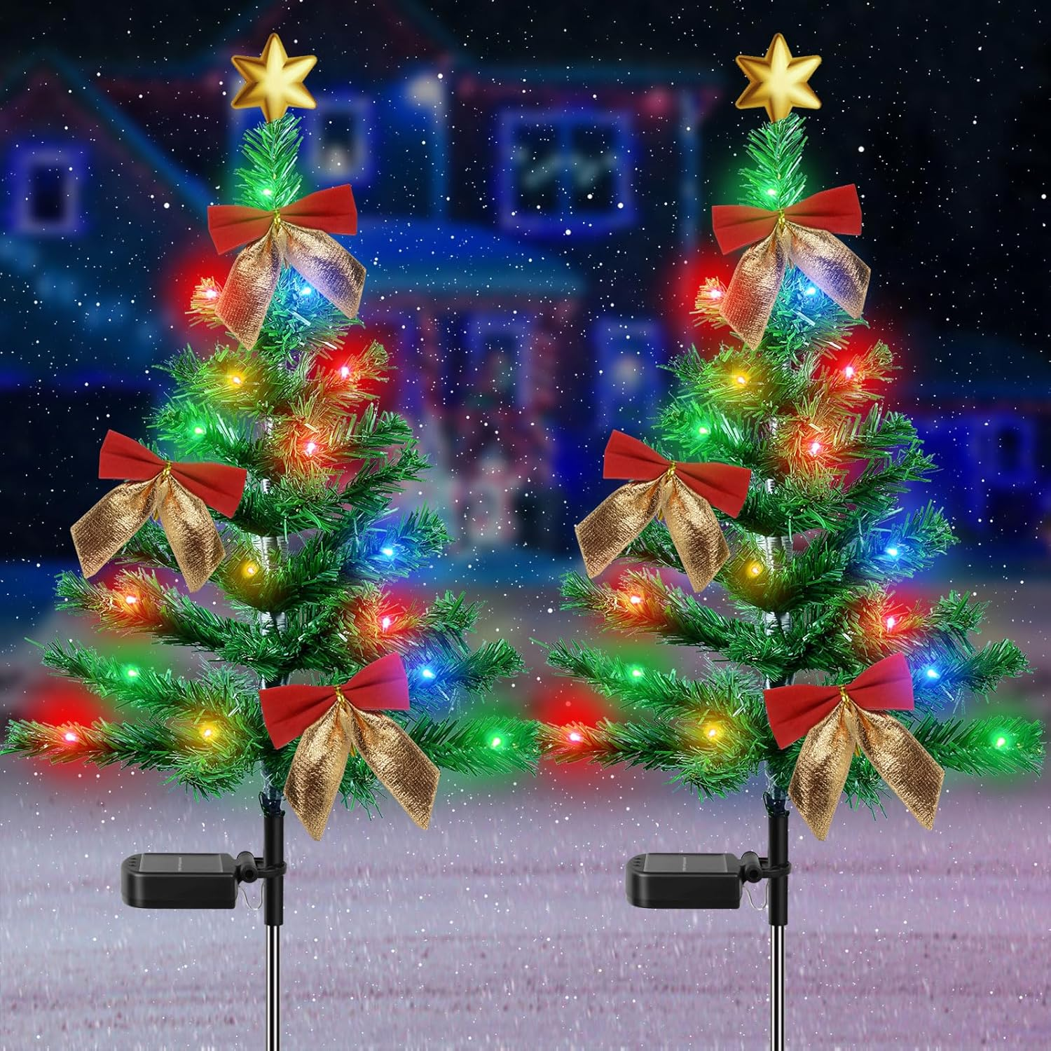 Ninonly 2 Pack Solar Christmas Tree Light, 85CM Solar Powered Outdoor Christmas Tree Garden Lights with 30 Leds Bows Stars Ornaments, Waterproof Solar Xmas Tree Stake for Yard Pathway Walkway