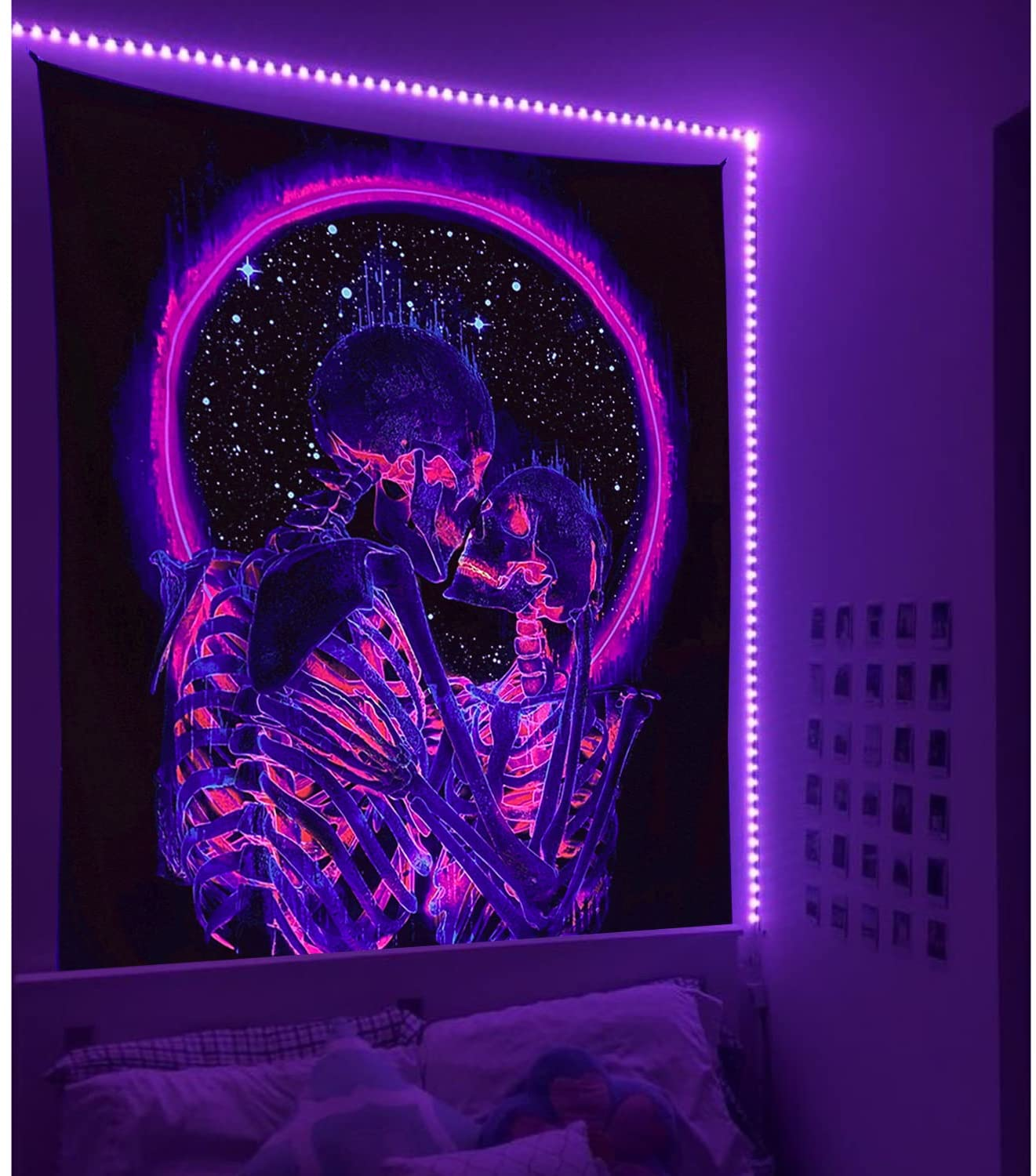 Manicer Blacklight Skull Tapestry, the Kissing Lovers Tapestry UV Reactive Trippy Neon Tapestries Glow in the Dark Party Backdrop, Skeleton Wall Art for Bedroom Living Room &ndash; 51.2&rdquo; X 59.1&rdquo;