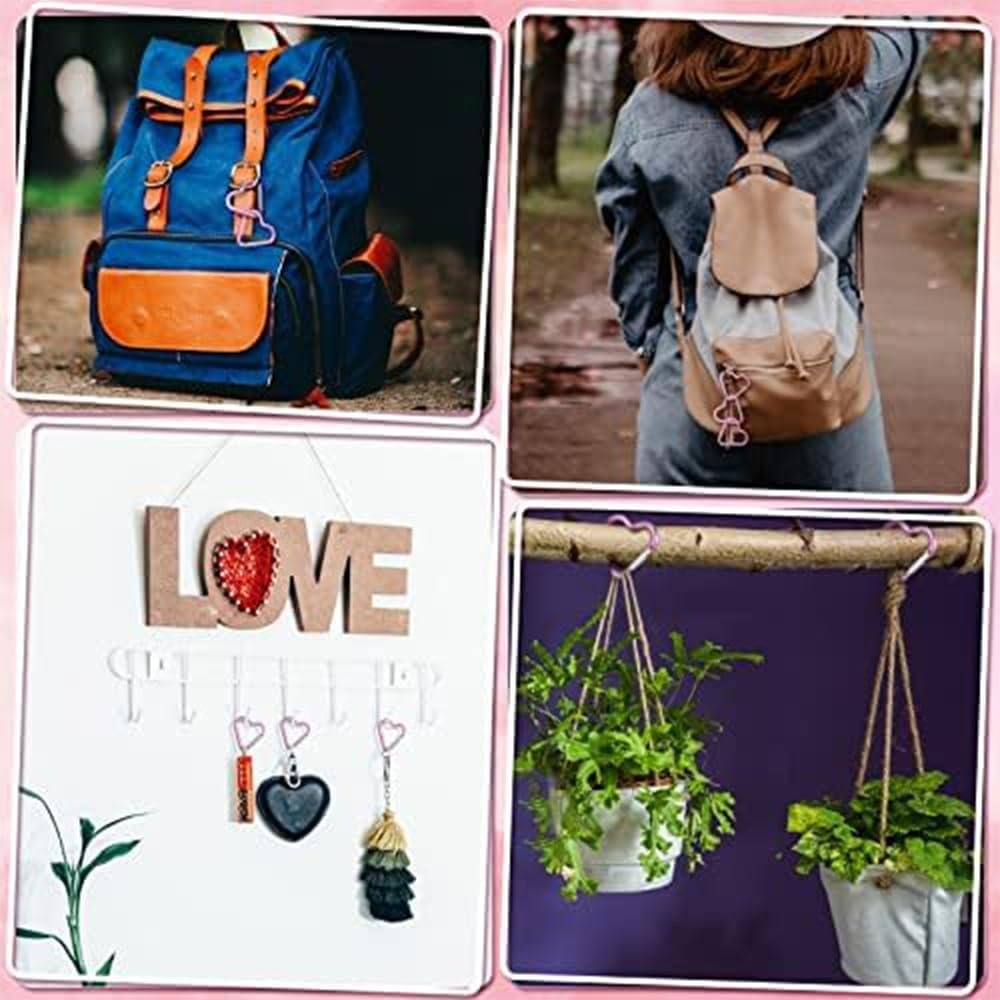 10Pcs Aluminum Alloy Spring Snap Hook Clip Keychain Hook Heart Cute Carabiner Clip Key Holder for Outdoor Camping Fishing Climbing Clips Hammock Key Chain Clip,Heart Shaped Keychain Clip(Pink) image number 2