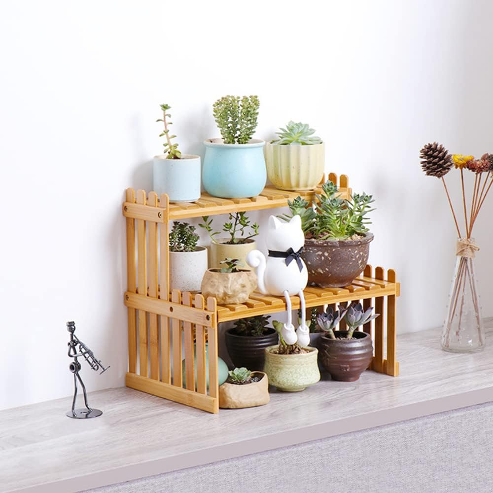 Countertop Bamboo Plant Shelf Bamboo Flower Pot Stand Balcony Flower Rack Cabinet Organizer Multi-Function DIY Desktop Storage Rack for Living Room Bedroom Kids Room 37Cm&2 Layers - 47Cm2 Layers image number 3