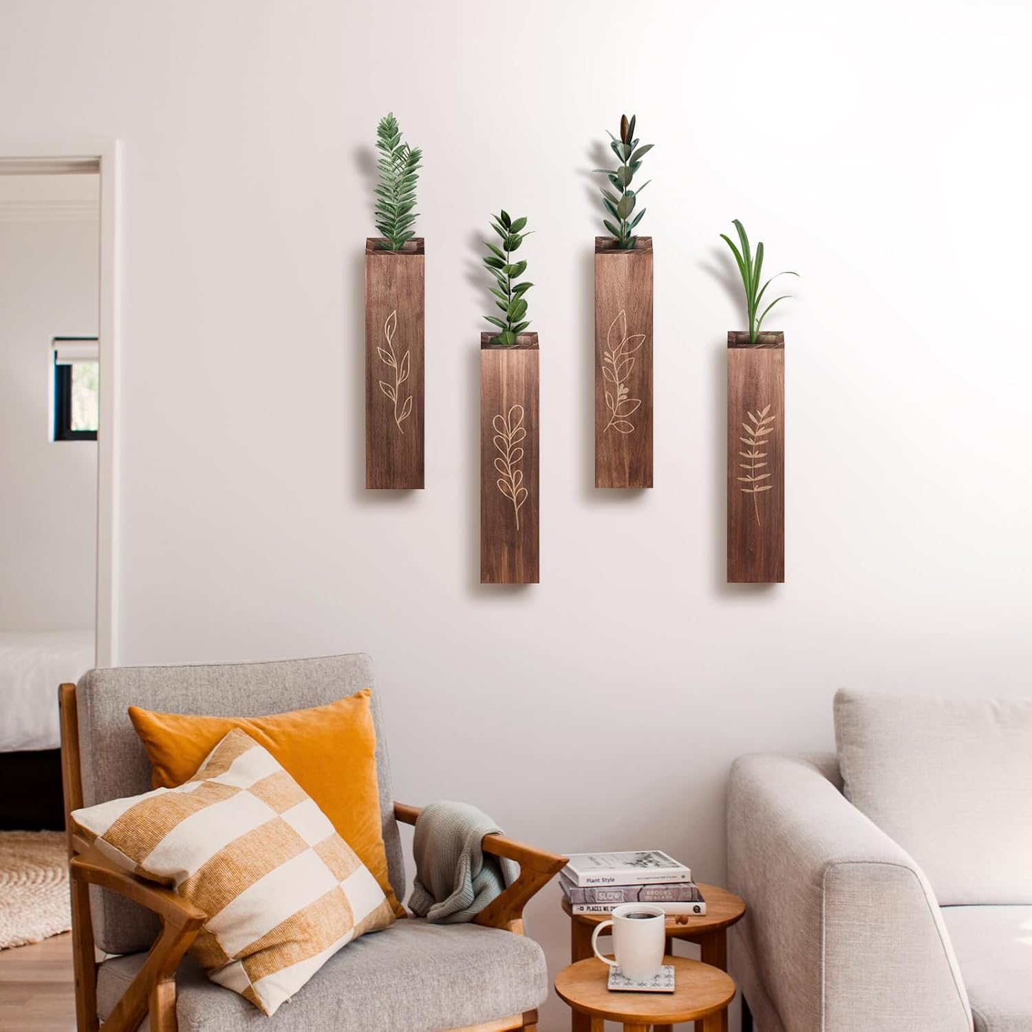 4 Pack Wood Indoor Wall Planter, Modern Boho Wall Decor for Living Room Bedroom, Farmhouse Pocket Vases for Dried Flowers and Faux Greenery Plants - Brown