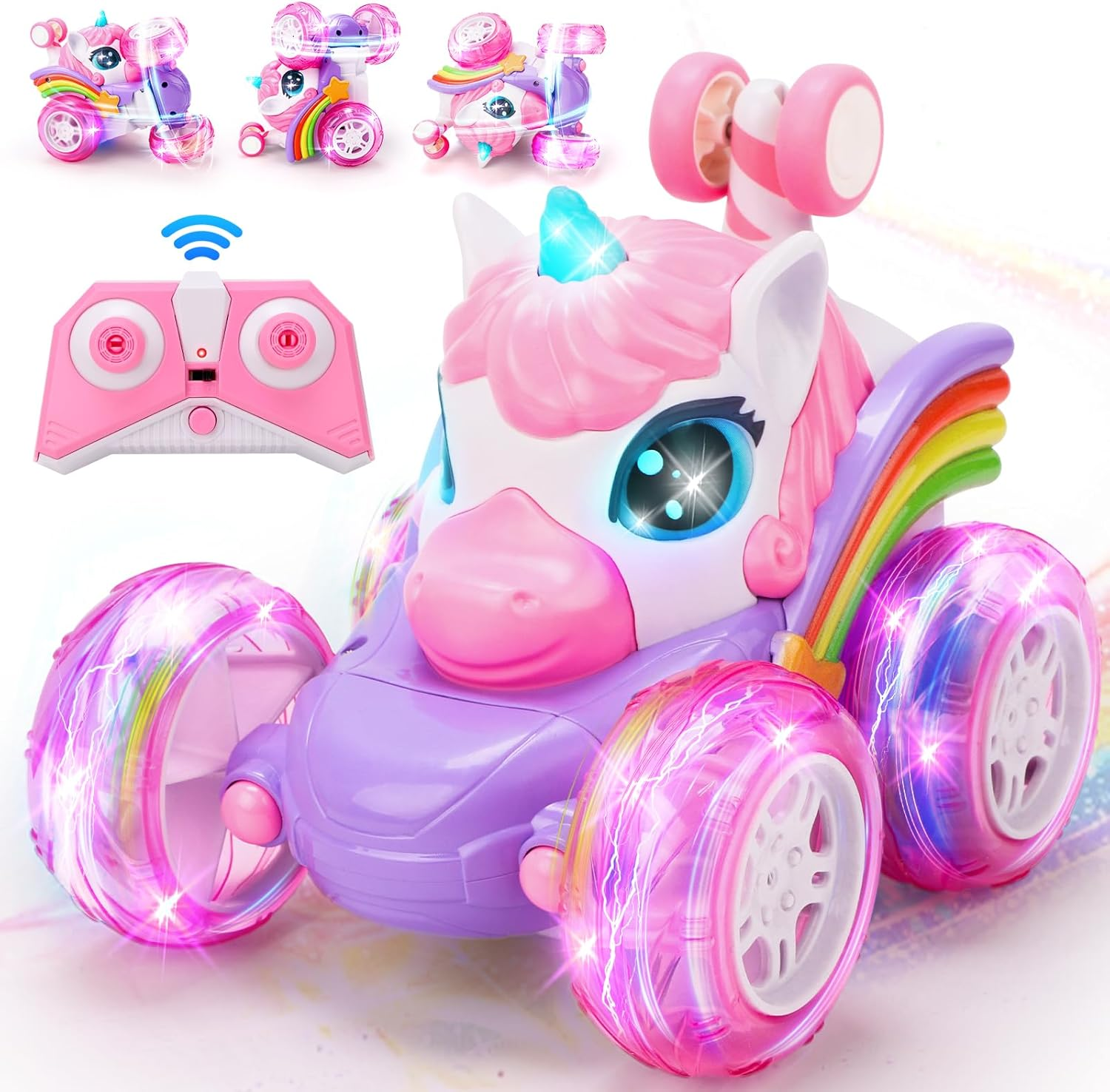 Unicorn Remote Control Car for Girls, Unicorn Toys 360&deg; Rotating 4WD Stunt RC Cars with Cute LED Lights，2.4Ghz Rechargeable RC Car Toy Birthday Gifts for Kids Girl Age 3 4-6 6-8